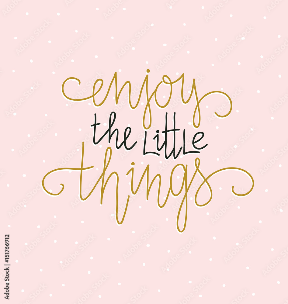Hand lettered inspirational quote. Modern calligraphy on pink background. Scandinavian style illustration, modern home decor. Vector print design with lettering - 'Enjoy the little things'.