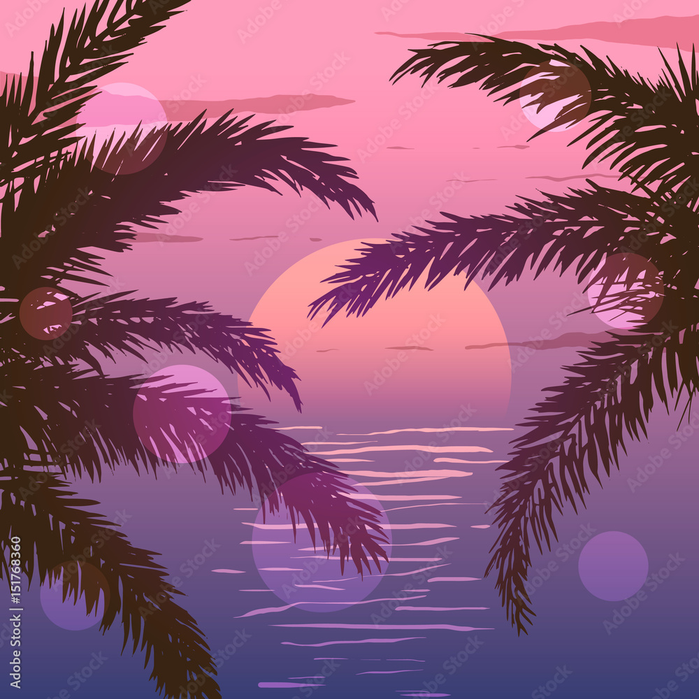 Pink sunset on beach in vector. Silhouettes of palm trees on the background of ocean.