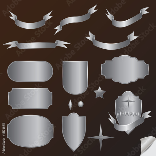vector set of silver design elements - blank seals, plaques, shields / emblems, badges, ribbons, scrolls and ornaments. bent area