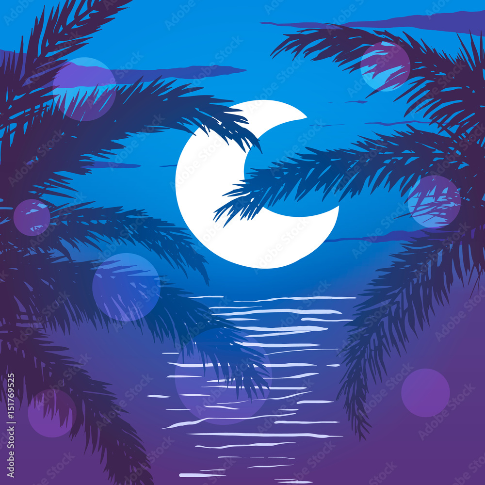 Beach at night. Palm trees on the background of moon and ocean. Vector illustration.