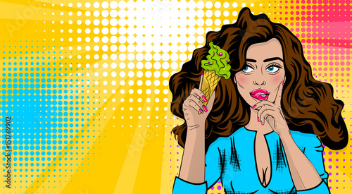 Beautiful sexy positive girl long hair watching on hand hold ice cream, pink lips style pop art. Comic book color halftone background. Vector dot illustration. For comic text advertisement.