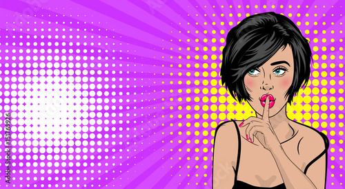 Beautiful sexy positive girl short hair watching and show shh, silence, pink lips style pop art. Comic book colored halftone background. Vector dot illustration. For comic text advertisement.