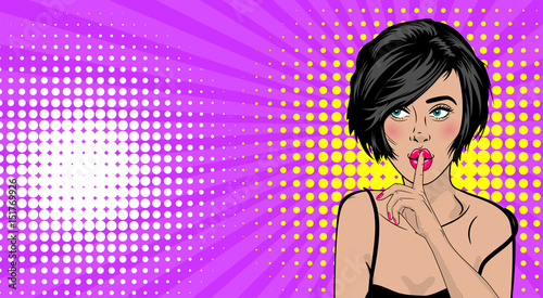 Beautiful sexy positive girl short hair watching and show shh, silence, pink lips style pop art. Comic book colored  halftone background. Vector dot illustration. For comic text advertisement.