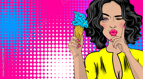 Beautiful sexy positive slim girl thinking eat ice cream, pink lips style pop art. Healthy food. Comic book halftone background. Vector dot illustration. For comic text advertisement.
