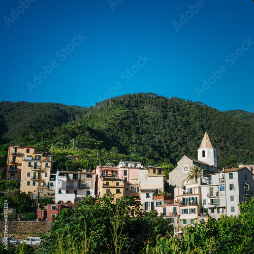 Scenic view of Corniglia, small coastal village, Cinque Terre national park, La Spezia Region, Liguria, Italy. Beautiful travel destination square postcard. © mykolastock