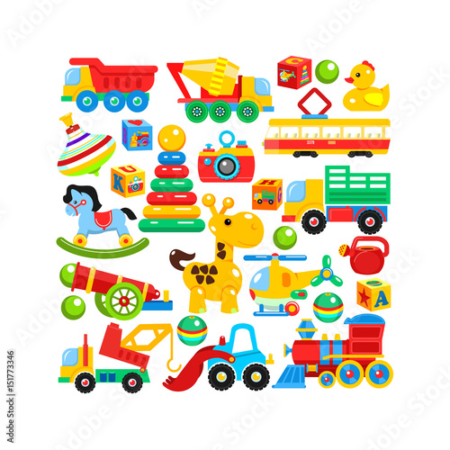 A set of children's toys arranged in the shape of a rectangle. Vector illustration.