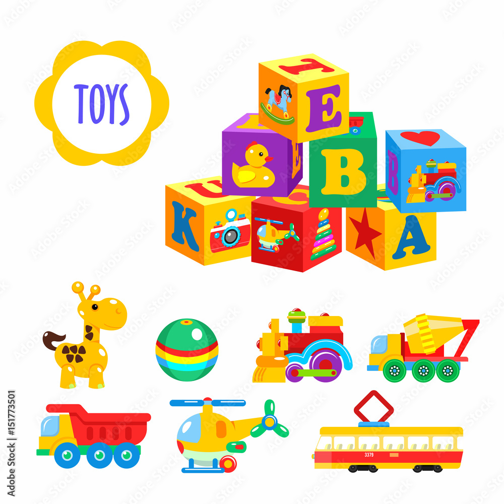 Set of vector children's toys. Isolated on a white background. Including cubes, locomotive, giraffe, cement mixer, dump truck, tram, helicopter, ball. Set of vector children's toys. Isolated on a white background. Including cubes, locomotive, giraffe, cement mixer, dump truck, tram, helicopter, ball.
