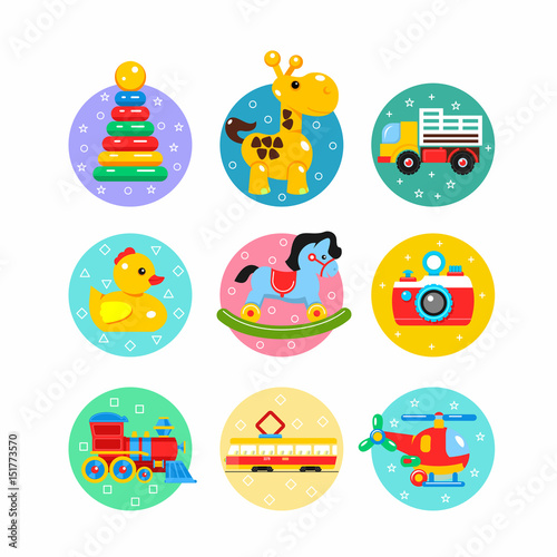 Children's toys. Colorful logos, stickers. Vector badges. Including truck, pyramid, duck, tram, rocking horse, a helicopter, a camera, a locomotive.