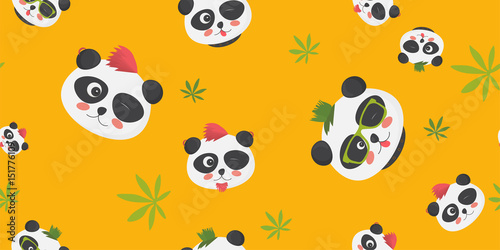 Pandas seamless pattern: cute panda bear faces with punk haircuts and green leaves on a yellow background.