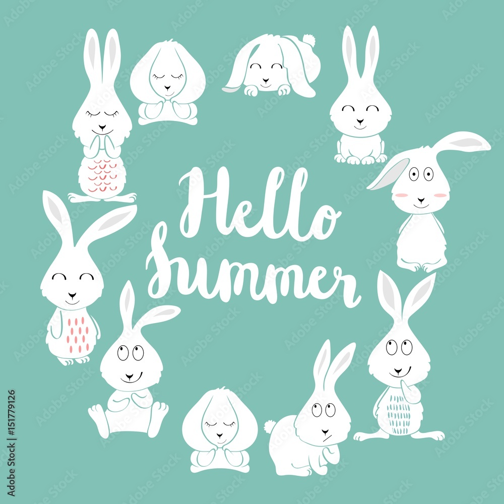 Hello summer. Greeting card with bunny in vector.