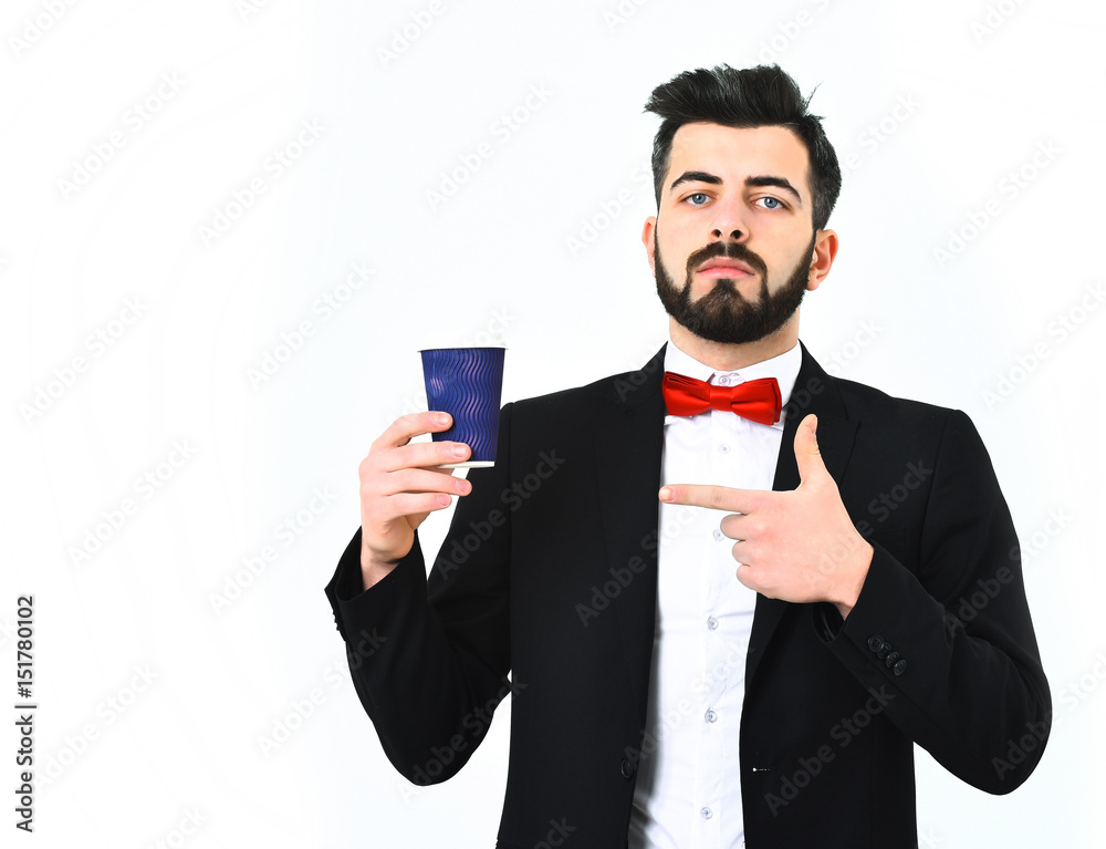 Bearded man, caucasian hipster with moustache and plastic coffee cup Bearded man, caucasian hipster with moustache and plastic coffee cup
