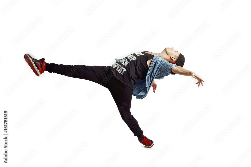 Full length portrait of an excited man dancing isolated on white background