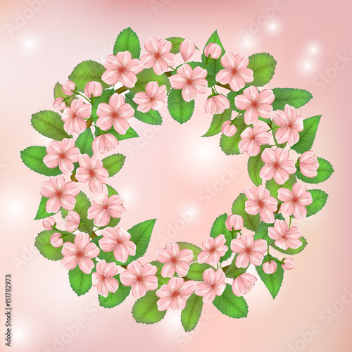 Cherry flowers blossom wreath card. Vector illustration. Delicate decor for anniversary, wedding, birthday, events. Sakura flowers, buds and leaves