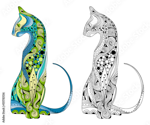 Stylized colorful doodle cat. Hand drawn cartoon animal illustration, coloring book page. Decorative ornate for T-shirt emblem, logo or tattoo. Zen art, isolated design