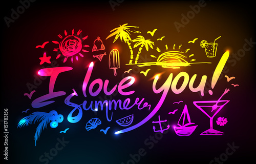 neon Lettering hello summer on a dark background. Beautiful background, invitation, banner, poster with signs and symbols of summer