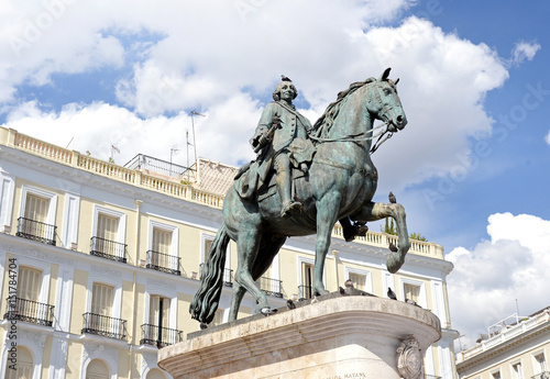 Statue of Carlos III at Puerta del Sol (Gateway of the Sun), Madrid, Spain. Carlos III (Charles III) was the King of Spain from 1759 to 1788.
