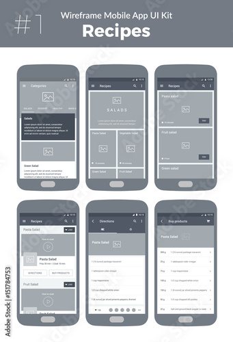 Wireframe UI kit for mobile phone. Mobile App Cooking. Recipes, categories, profile, buy products, video, directions screens