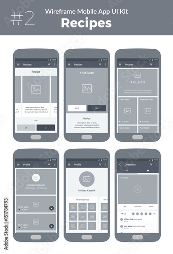 Wireframe UI kit for mobile phone. Mobile App Cooking. Recipes, categories, profile, buy products, video, directions screens