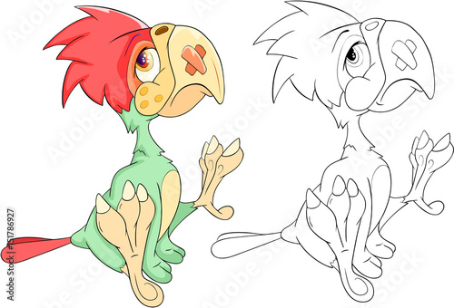  Illustration of Cute Green parrot. Cartoon Character.  Coloring Book