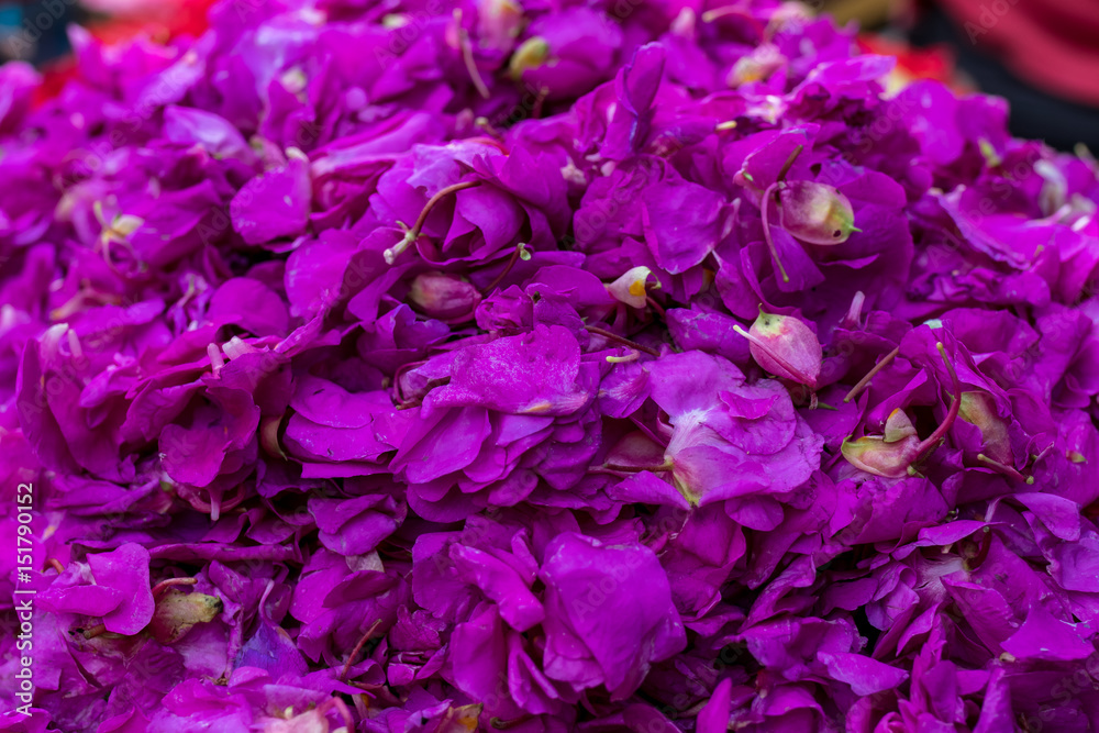 Canang sari flowers background, traditional balinese market, Bali, Indonesia.