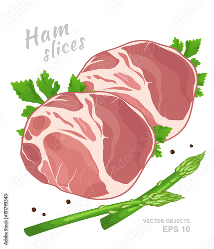 Slices of ham with fresh parsley, green asparagus and black pepper isolated on white background. Meat delicatessen product. Vector gastronomic illustration in cartoon style