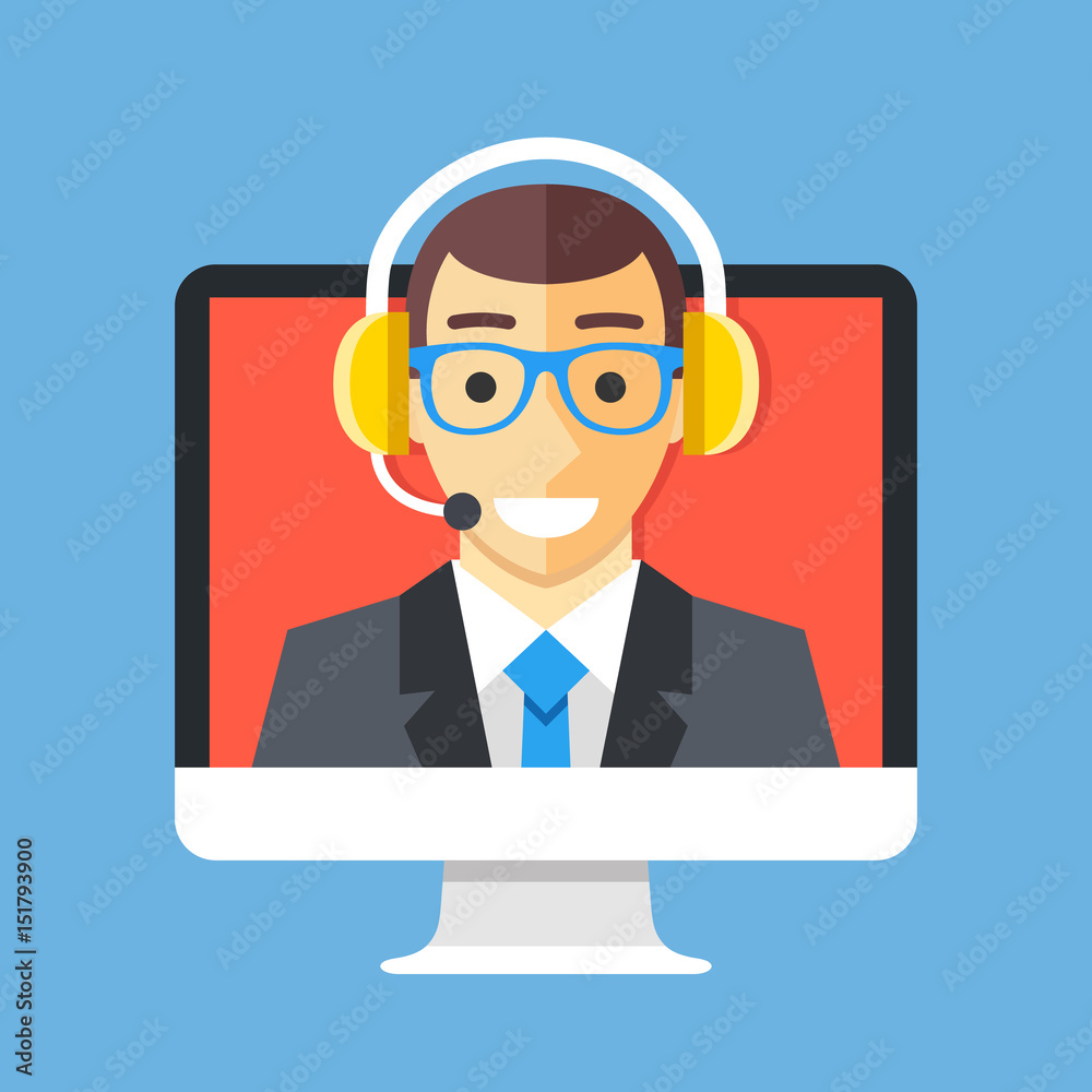 Call center agent on computer screen. Customer support, technical support, client service, online help concepts. Modern flat design graphic elements. Vector illustration Call center agent on computer screen. Customer support, technical support, client service, online help concepts. Modern flat design graphic elements. Vector illustration