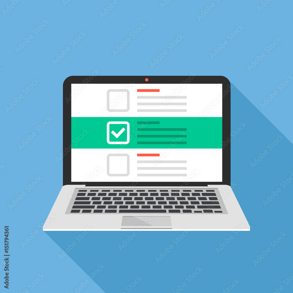 Laptop and checkboxes with check mark. Checklist, white tick on laptop screen. Choice, survey concepts. Modern flat design vector illustration Laptop and checkboxes with check mark. Checklist, white tick on laptop screen. Choice, survey concepts. Modern flat design vector illustration
