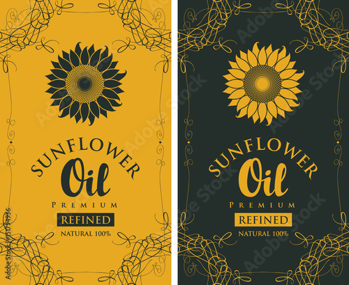 set of two vector labels for refined sunflower oil with sunflower and the inscription on black and yellow background in curly frame