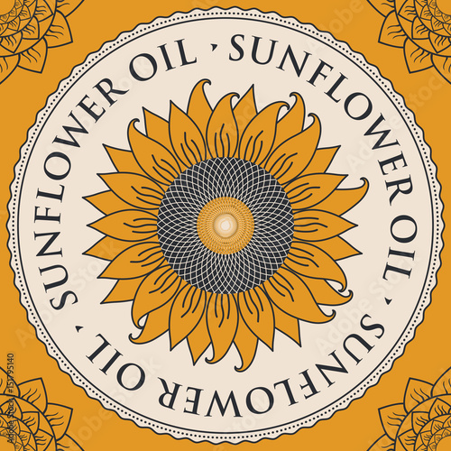 square vector banner for refined sunflower oil with sunflower inscribed in a round frame on a yellow background