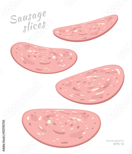 Flying slices of boiled sausage isolated on white background. Meat delicatessen product. Vector gastronomic illustration in cartoon style