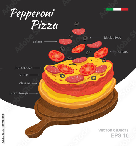 Vector  illustration of tasty hot Pepperoni Pizza on wooden board. Falling ingredients. Traditional Italian recipe. Infographic creative design. Fastfood isolated on black and white background