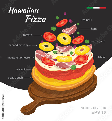 Vector  illustration of tasty hot Hawaiian Pizza on wooden board. Falling ingredients. Traditional Italian recipe. Infographic creative design. Fastfood isolated on black and white background