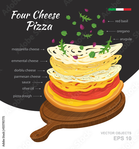 Vector  illustration of tasty hot Pizza with Four Cheeses on wooden board. Falling ingredients. Traditional Italian recipe. Infographic creative design. Fastfood isolated on black and white background