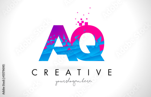 AQ A Q Letter Logo with Shattered Broken Blue Pink Texture Design Vector.