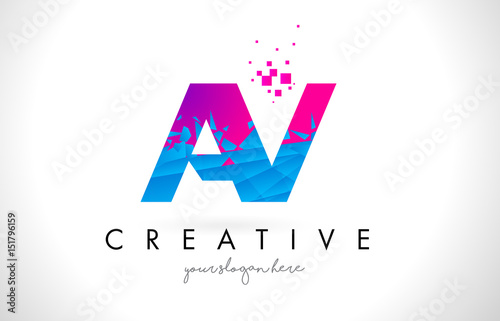 AV A V Letter Logo with Shattered Broken Blue Pink Texture Design Vector.