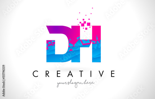 DH D H Letter Logo with Shattered Broken Blue Pink Texture Design Vector.