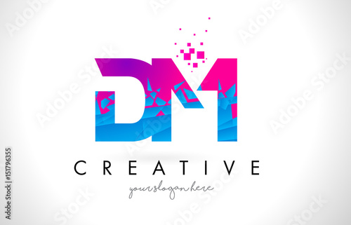 DM D M Letter Logo with Shattered Broken Blue Pink Texture Design Vector.