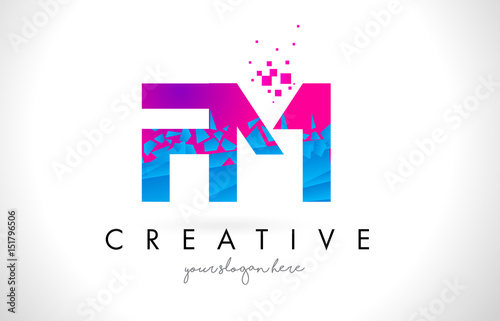 FM F M Letter Logo with Shattered Broken Blue Pink Texture Design Vector.