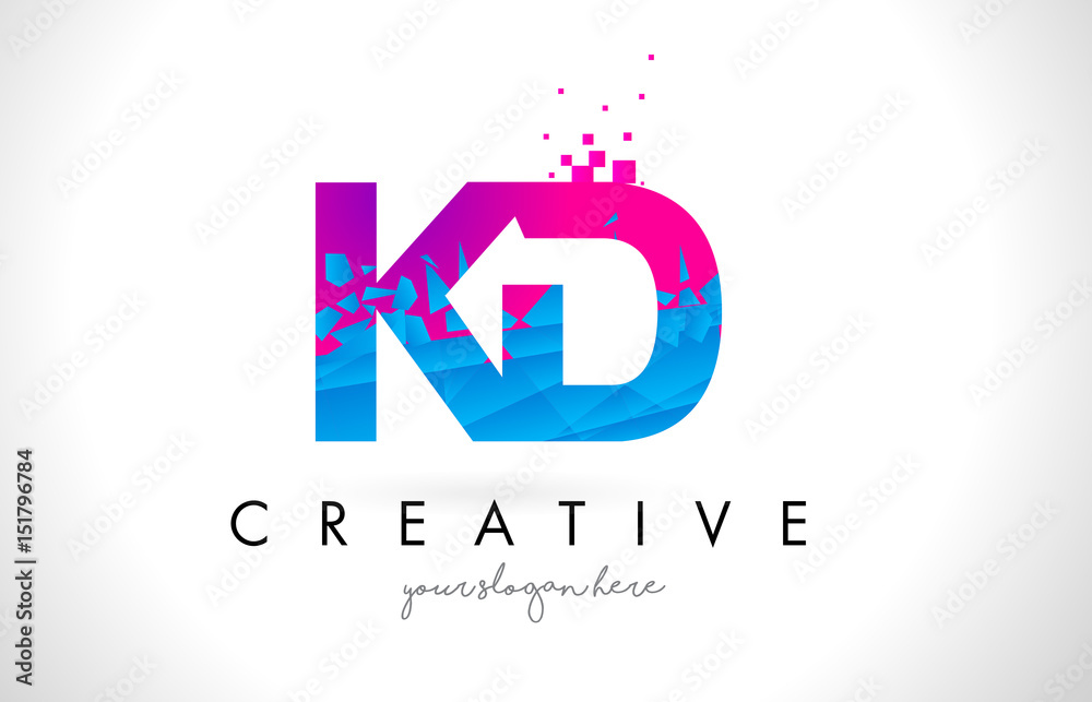 Fototapeta premium KD K D Letter Logo with Shattered Broken Blue Pink Texture Design Vector.