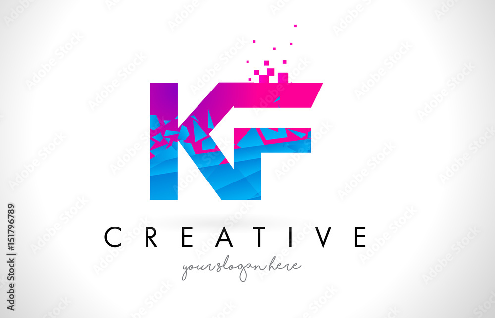 KF K F Letter Logo with Shattered Broken Blue Pink Texture Design ...