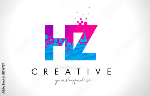 HZ H Z Letter Logo with Shattered Broken Blue Pink Texture Design Vector.