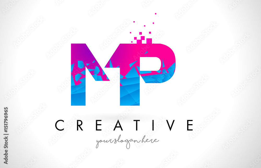 Vetor de MP M P Letter Logo with Shattered Broken Blue Pink Texture ...