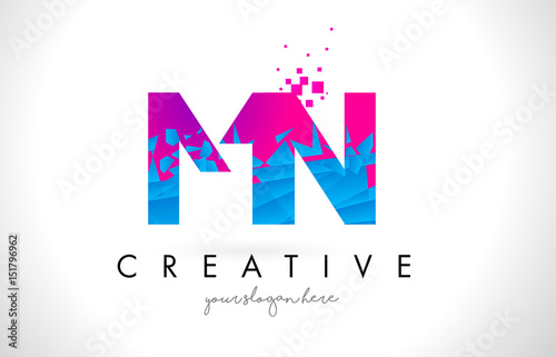 MN M N Letter Logo with Shattered Broken Blue Pink Texture Design Vector.
