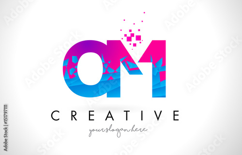 OM O M Letter Logo with Shattered Broken Blue Pink Texture Design Vector.