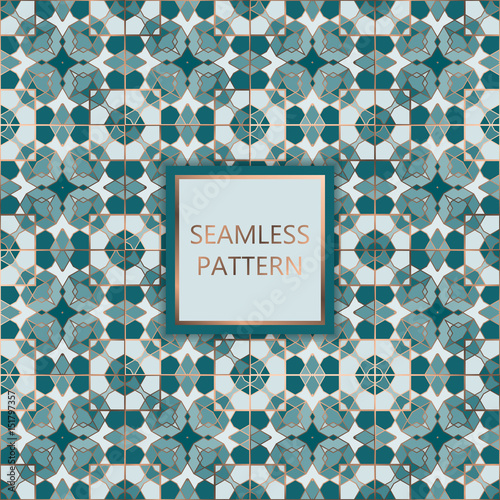 Green seamless pattern with silver inserts. Ornamental, mosaic vector background. Suitable for textile, tile, slab, fashion, stained-glass window, vitrage.