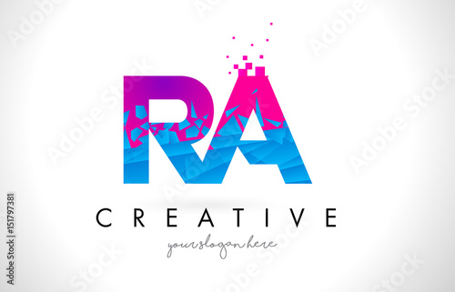 RA R Q Letter Logo with Shattered Broken Blue Pink Texture Design Vector.