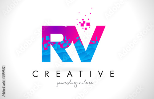 RV R V Letter Logo with Shattered Broken Blue Pink Texture Design Vector.