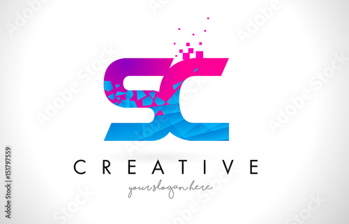 SC S C Letter Logo with Shattered Broken Blue Pink Texture Design Vector.