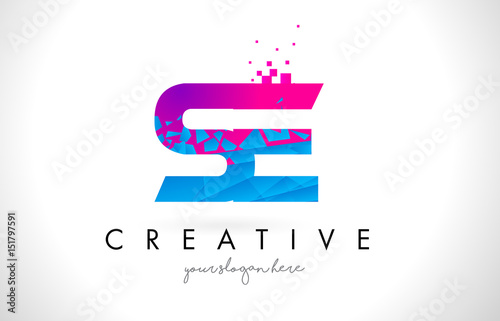 SE S E Letter Logo with Shattered Broken Blue Pink Texture Design Vector.