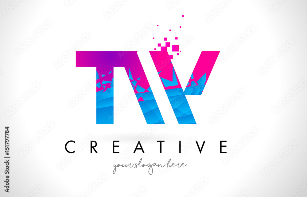 TW T W Letter Logo with Shattered Broken Blue Pink Texture Design Vector.